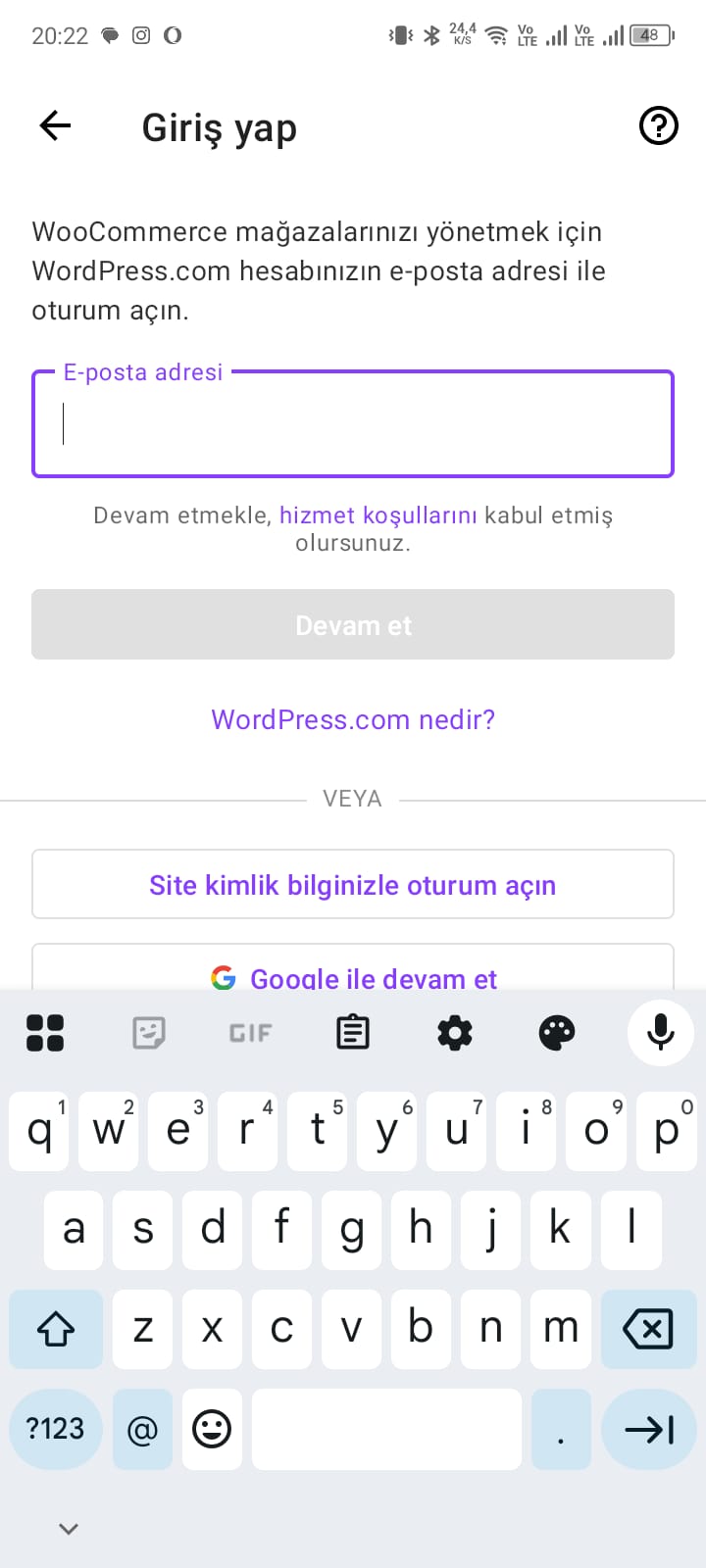Giriş yap - Site adresi girme ekranı