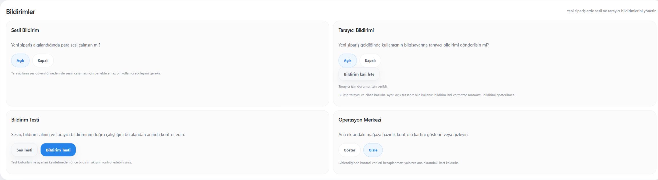 Sesli Bildirim ve Tarayıcı Bildirimi ayrı yönetilir. Tarayıcı iznini kontrol edin; ardından Ses Testi ve Bildirim Testi düğmelerini kullanın.