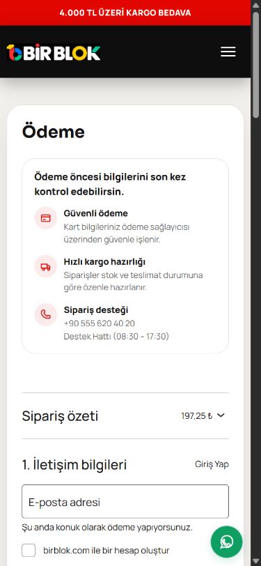 Birblok — Ödeme adımı mobil ekranı