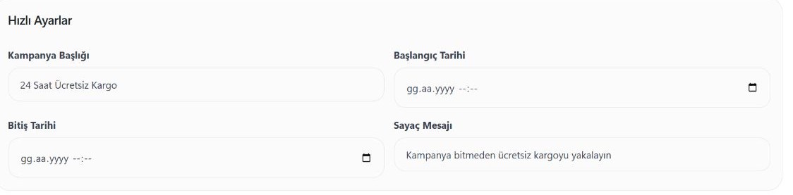 Hobilego panelinde bu kampanyanın hızlı ayar alanları. Görseldeki değerler örnektir.