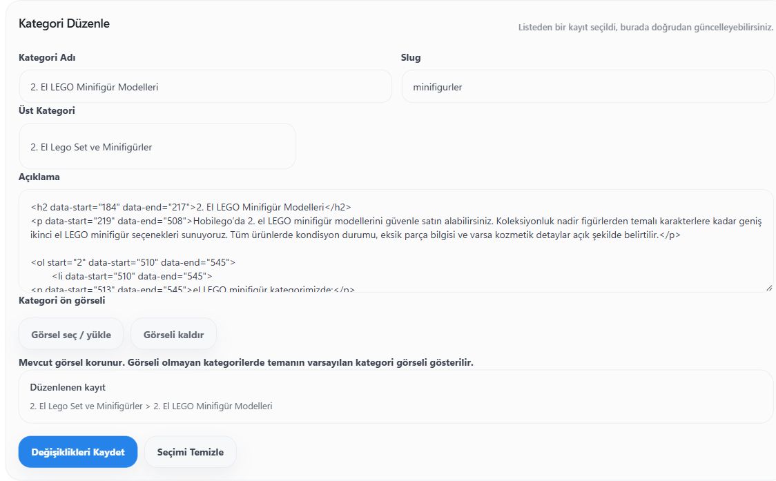 Kayıtlı kategoriyi düzenleyin — Woventico Core ekranı