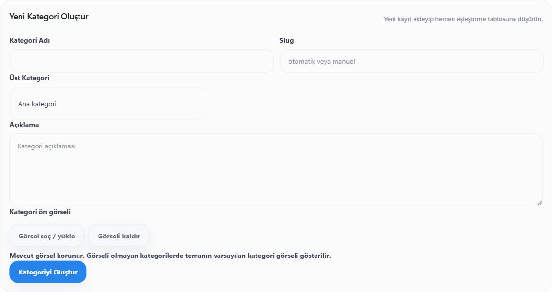 Yeni kategoriyi doldurun — Woventico Core ekranı