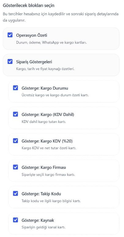 Ekran Tercihleri panelinin üst bölümü: operasyon özeti, göstergeler ve alt gösterge seçimleri.