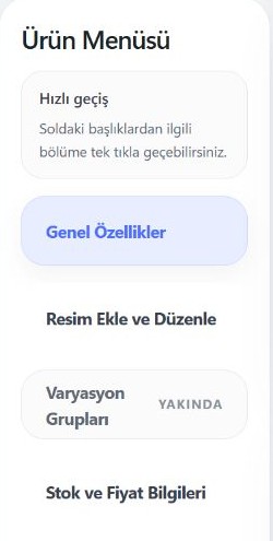 Hobilego ürün menüsü. Bu basit ürün örneğinde Varyasyon Grupları alanı Yakında olarak görünür.