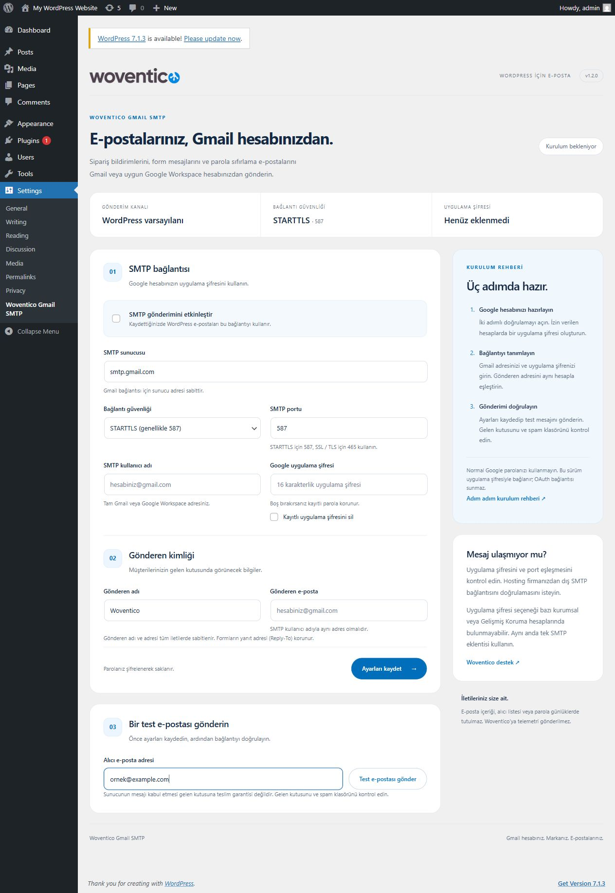 WordPress Gmail SMTP eklentisi Woventico yönetim ekranı