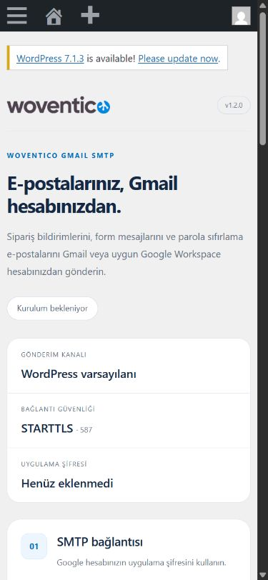 Gmail SMTP eklentisinin mobil WordPress ayar ekranı