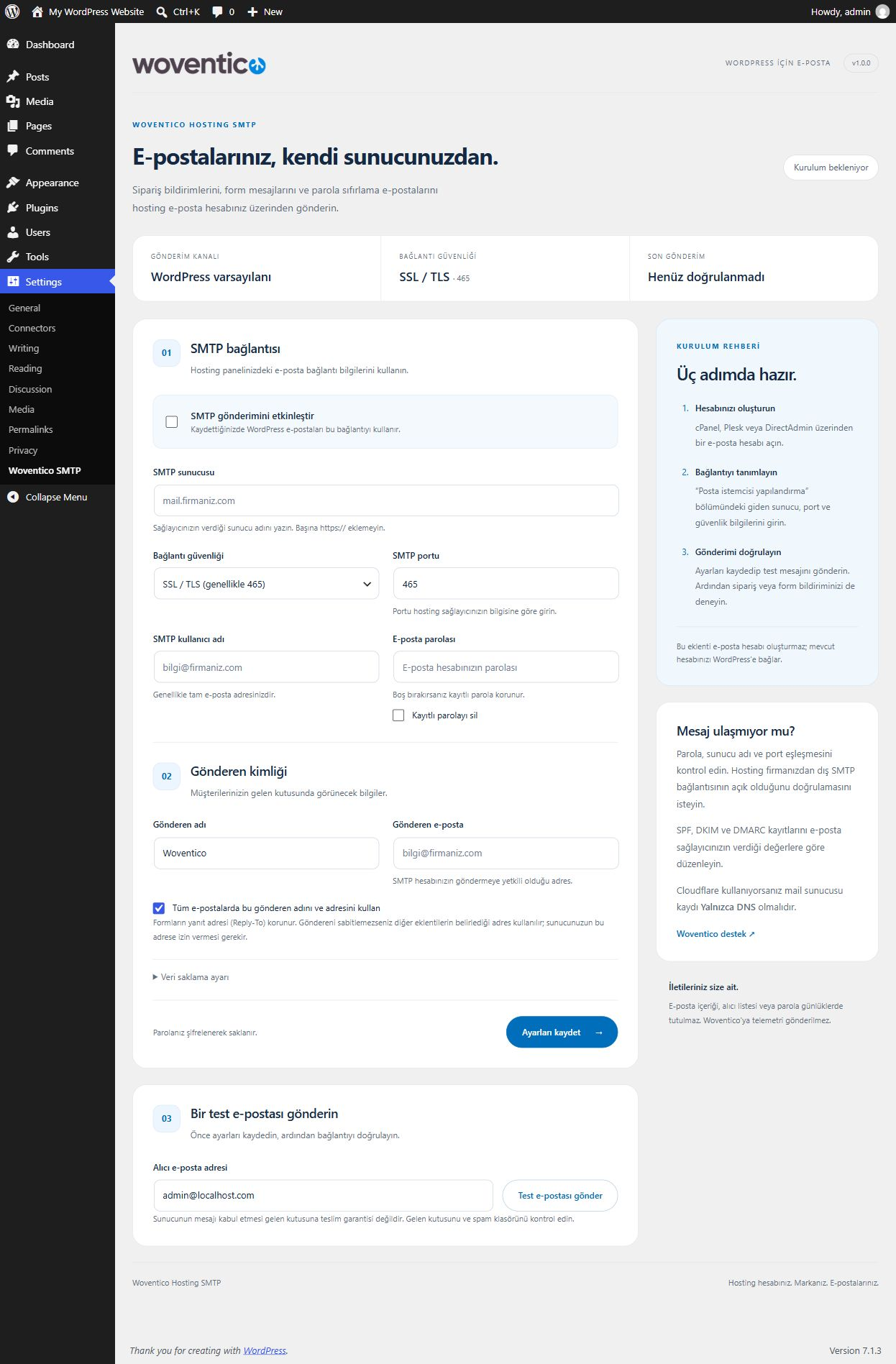 WordPress Hosting SMTP eklentisi Woventico yönetim ekranı