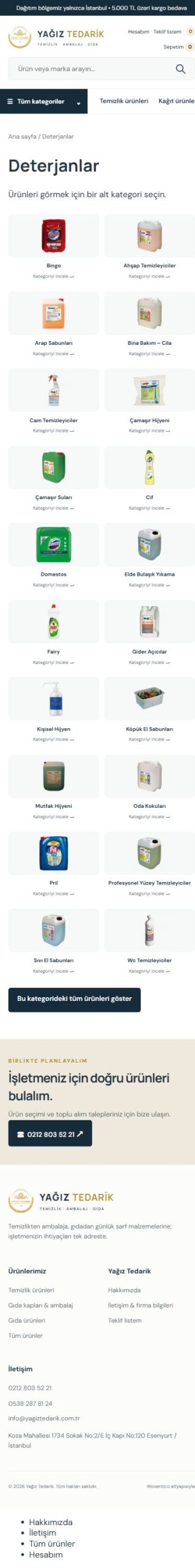 Yağız Tedarik — Kategoriler mobil ekranı