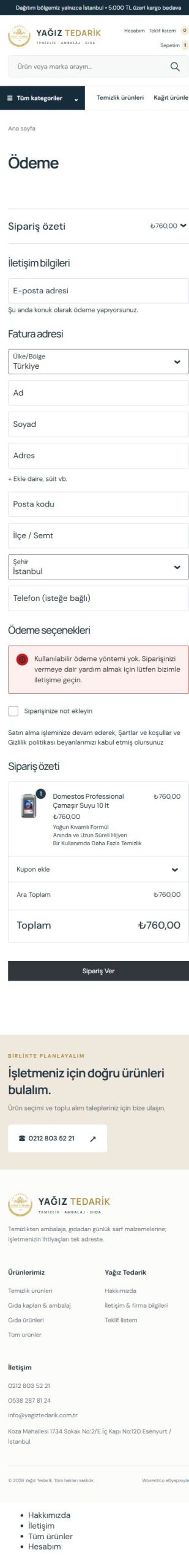 Yağız Tedarik — Ödeme adımı mobil ekranı