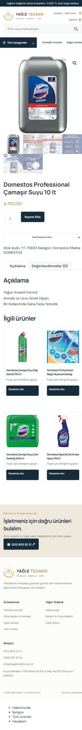 Yağız Tedarik — Ürün detayı mobil ekranı